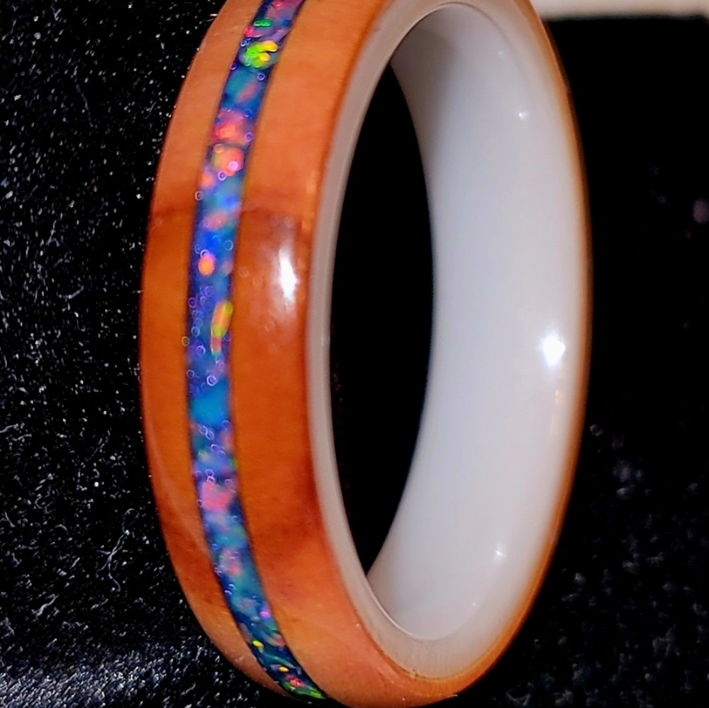 Handmade wood and opal ring